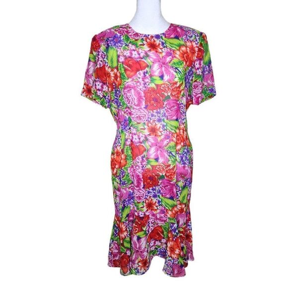 Vintage 80s Leslie Fay Sheath Dress Womens Size 12 Pink Red Floral Shoulder Pads - Picture 1 of 6